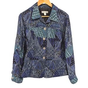Coldwater‎ Creek Patchwork Blazer Blue Geometric Paisley Print Sz M Art to Wear